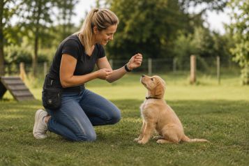 Auf dem Foto ist ein junger, brauner Labrador-Welpe zu sehen, der auf einem schmalen, metallischen oder hölzernen Steg oder einer Rinne entlangläuft. Der Welpe schaut aufmerksam nach vorne und hat einen neugierigen, gleichzeitig ruhigen Gesichtsausdruck.