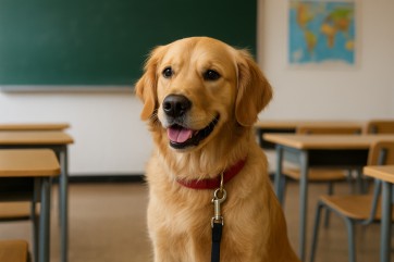 Auf dem Foto ist ein freundlicher Golden Retriever zu sehen, der in einem Klassenzimmer sitzt. Der Hund trägt ein rotes Halsband mit einer Leine und schaut aufmerksam und entspannt in die Kamera.  Im Hintergrund erkennt man typische Elemente eines Klassen