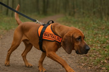 Auf dem Foto ist ein Hund zu sehen, der ein auffälliges orangefarbenes Geschirr mit der Aufschrift "MANTRAILING" trägt. Der Hund scheint konzentriert zu schnüffeln und wird an einer Leine geführt. Er läuft auf einem Waldweg, umgeben von Bäumen und Laub au