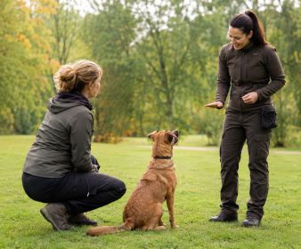 Auf dem Foto sieht man eine Frau und einen Hund in einer offenen, grünen Wiese vor einem Hintergrund aus dichtem Wald. Die Frau steht dem Hund gegenüber, der aufmerksam vor ihr sitzt und zu ihr aufblickt. Sie scheint sich ganz auf den Hund zu konzentriere