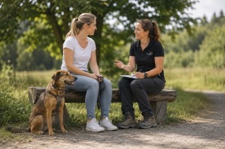 Auf dem Foto sieht man eine Frau und einen Hund in einer offenen, grünen Wiese vor einem Hintergrund aus dichtem Wald. Die Frau steht dem Hund gegenüber, der aufmerksam vor ihr sitzt und zu ihr aufblickt. Sie scheint sich ganz auf den Hund zu konzentriere
